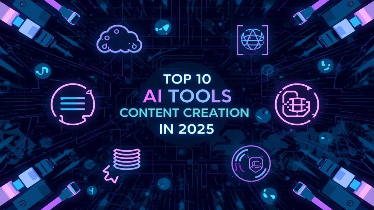 Illustration of top AI content creation tools in 2025, featuring automation, text, and visual generation for productivity and efficiency.
