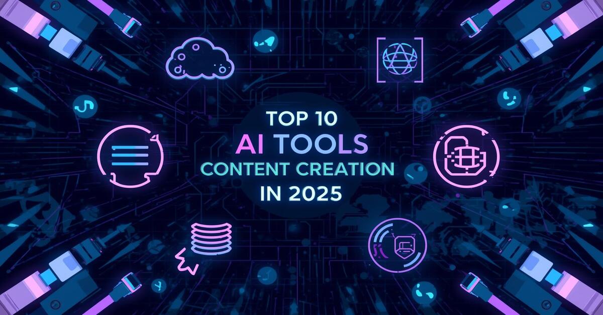 Illustration of top AI content creation tools in 2025, featuring automation, text, and visual generation for productivity and efficiency.