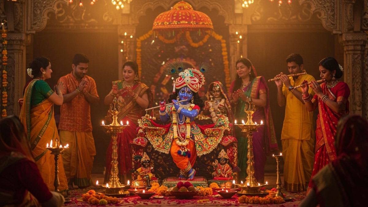 Devotees celebrating Krishna Janmastmi 2025 with an idol of Lord Krishna, adorned with flowers and peacock feathers, surrounded by traditional decorations and vibrant lights.
