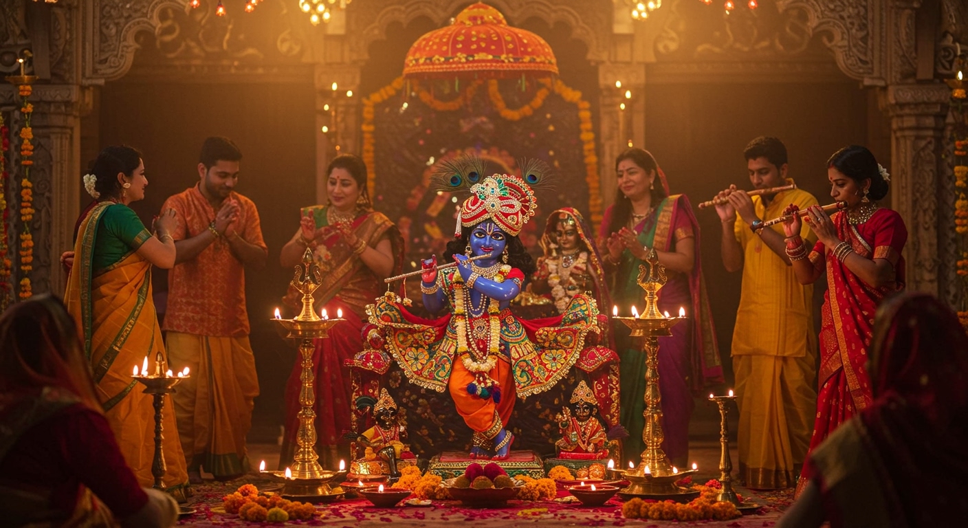 Devotees celebrating Krishna Janmastmi 2025 with an idol of Lord Krishna, adorned with flowers and peacock feathers, surrounded by traditional decorations and vibrant lights.