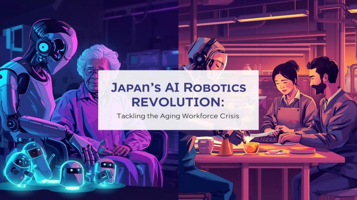 Illustration of AI robots like AIREC, PARO, and industrial cobots assisting elderly care and manufacturing, highlighting Japan’s approach to labor shortages and elder care.