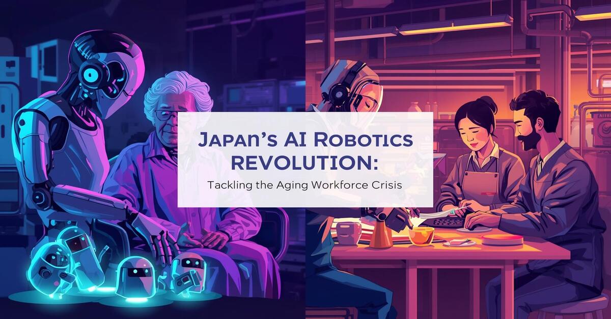 Illustration of AI robots like AIREC, PARO, and industrial cobots assisting elderly care and manufacturing, highlighting Japan’s approach to labor shortages and elder care.