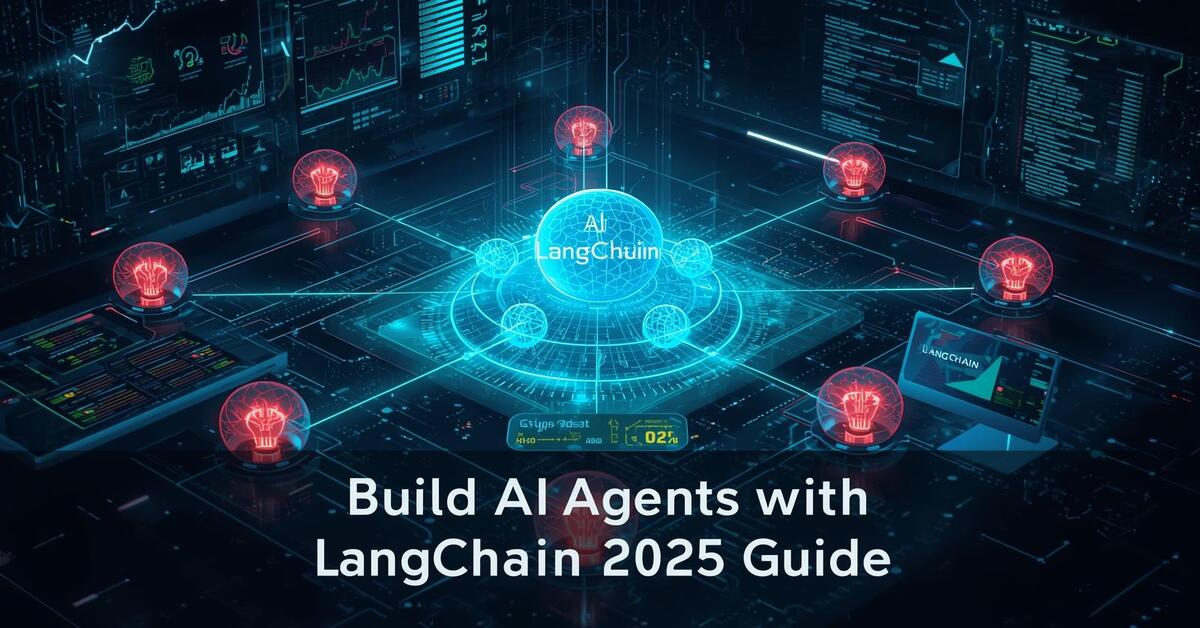 Futuristic AI workflow visualization showing LangChain agent nodes, benchmarks, and data streams in a digital workspace.