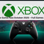 Xbox Series X console with futuristic game worlds, ninja combat, and indie art collage for October 2025 Game Pass lineup