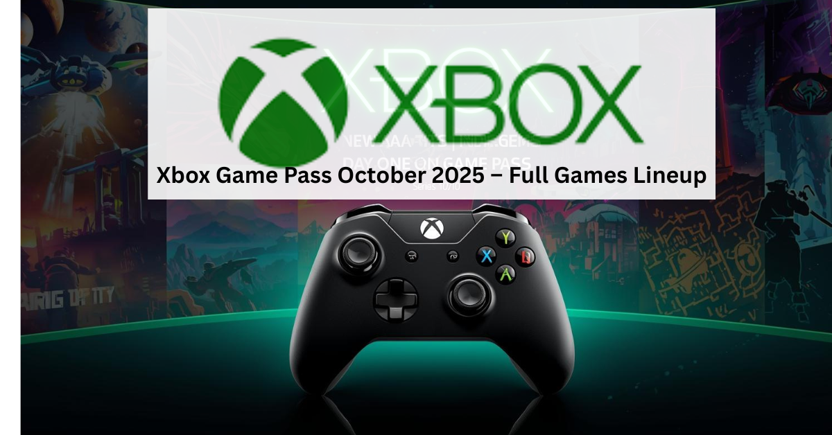 Xbox Series X console with futuristic game worlds, ninja combat, and indie art collage for October 2025 Game Pass lineup