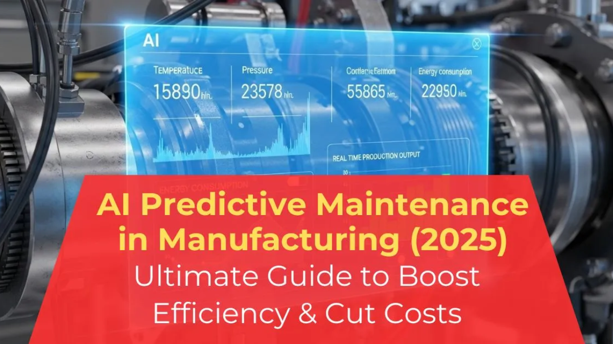Banner image showing AI-powered predictive maintenance in manufacturing with smart factory machines, data dashboards, and futuristic design.