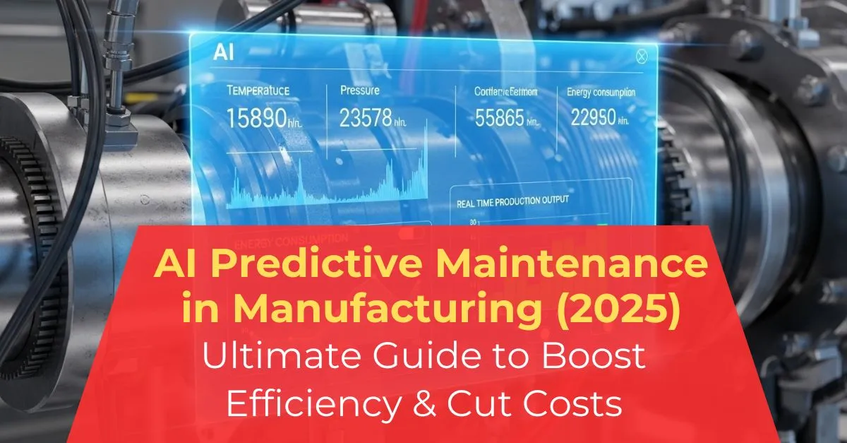 Banner image showing AI-powered predictive maintenance in manufacturing with smart factory machines, data dashboards, and futuristic design.