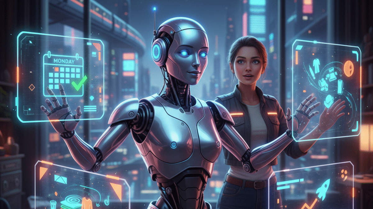 AI robot assisting a human with daily tasks, productivity tools, and smart home devices – 10 Simple AI Hacks to Simplify Everyday Life 2025