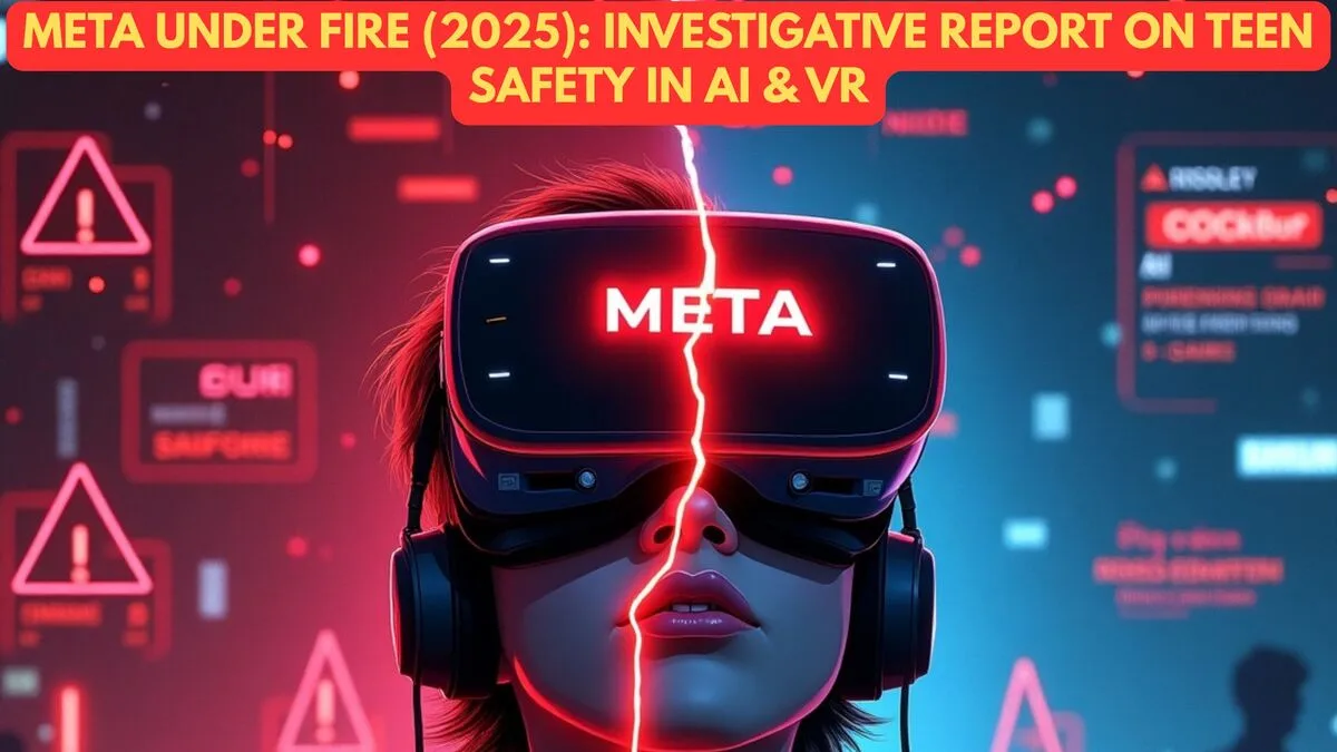 Illustration showing teenagers using VR headsets with AI elements, highlighting Meta’s 2025 teen safety controversies in virtual reality and artificial intelligence