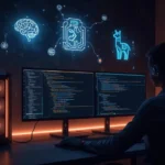 Futuristic 2025 workstation with glowing GPU and multiple screens showing LLaMA, Mistral, and GPT models running locally.