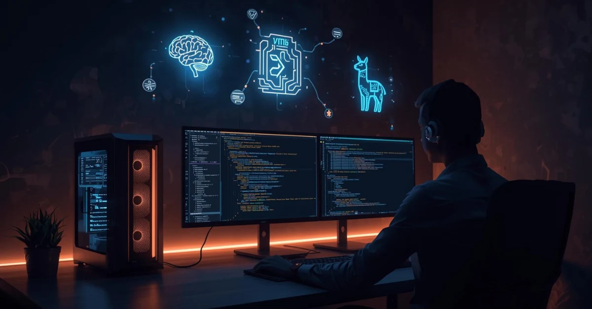 Futuristic 2025 workstation with glowing GPU and multiple screens showing LLaMA, Mistral, and GPT models running locally.
