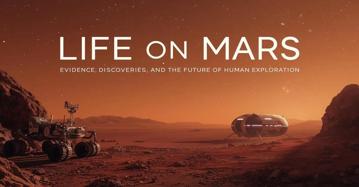 Illustration of Mars exploration showing astronauts, rover, and scientific evidence related to life on Mars.