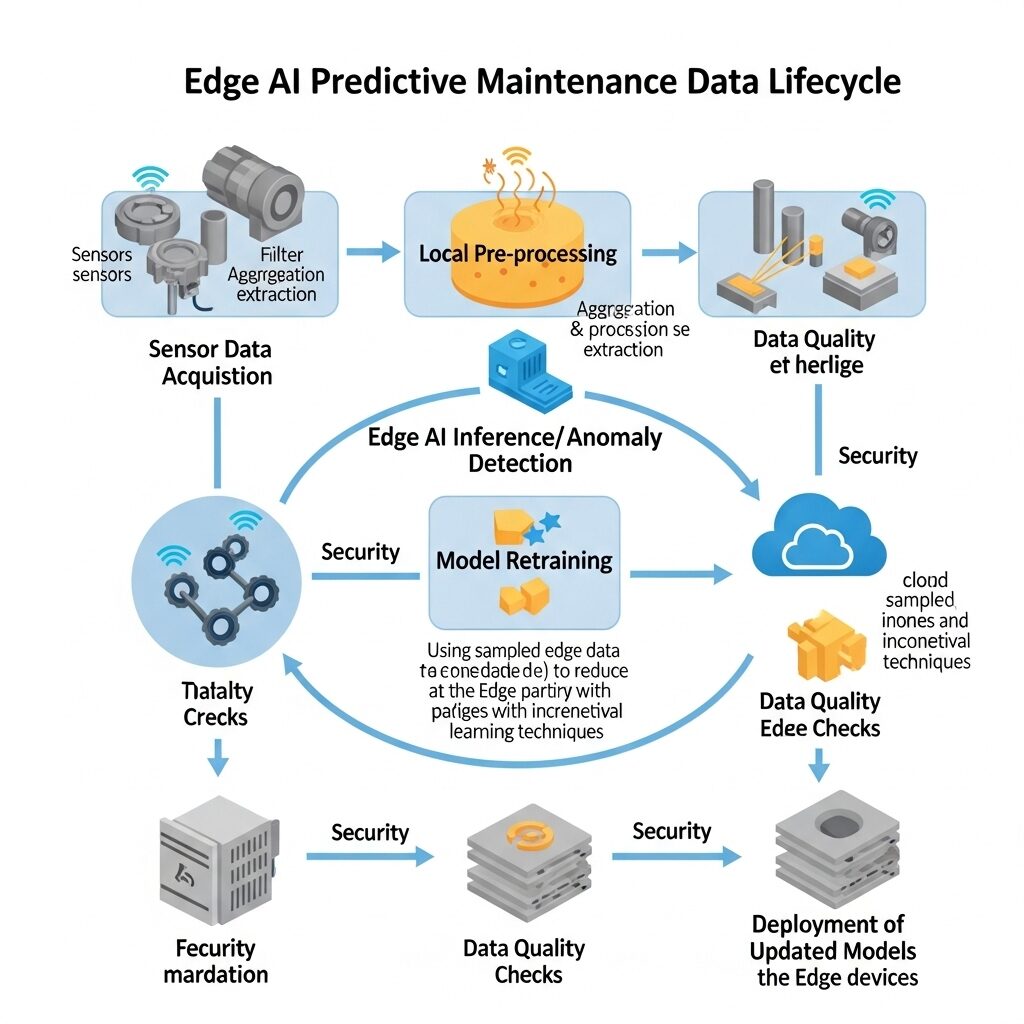 Diagram showing the data lifecycle for Edge AI in predictive maintenance