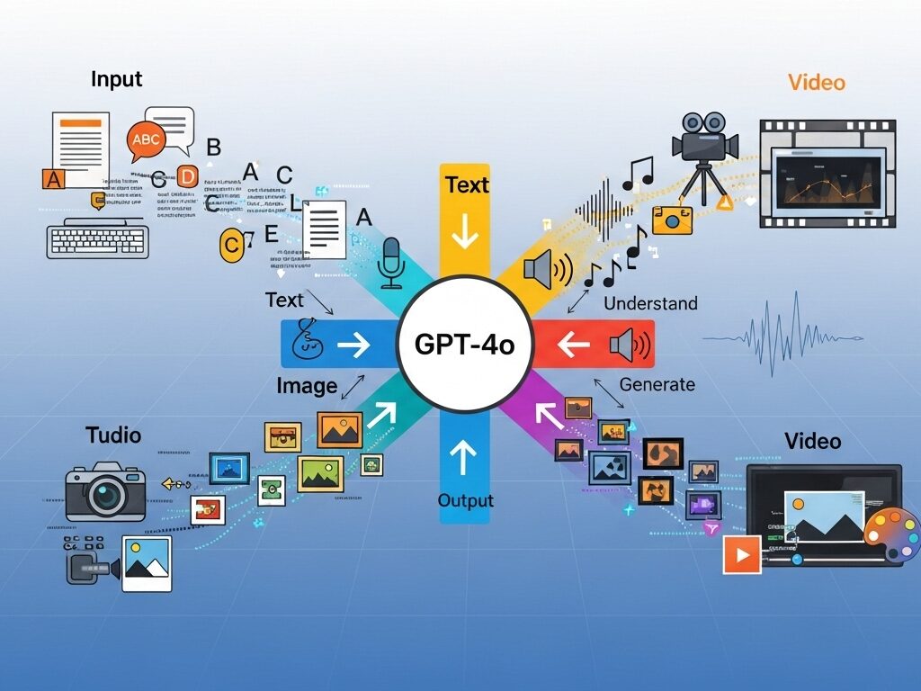 Diagram showing GPT-4o features in 2025 — real-time text, speech, and vision integration