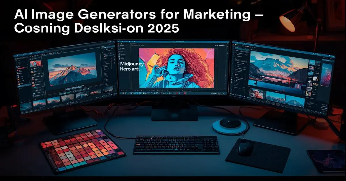 AI-powered image generators like Nano Banana, Seedream, and Midjourney creating scalable marketing visuals with futuristic digital design elements