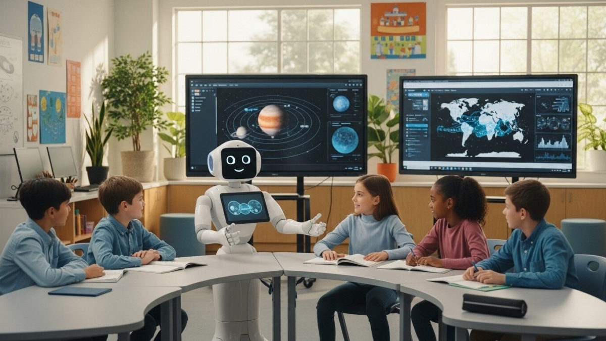 AI tutor helping K-12 students in a classroom