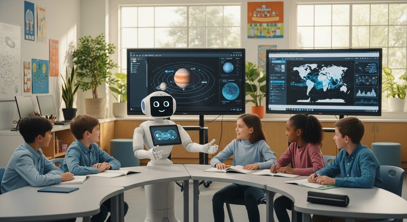 AI tutor helping K-12 students in a classroom